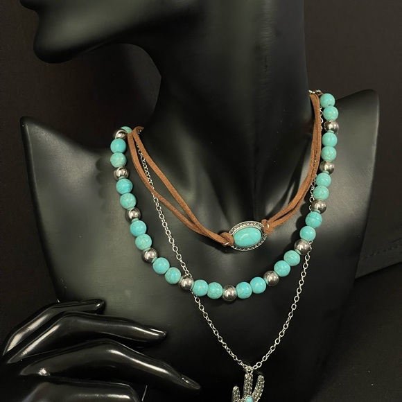 Odilé - Boho/Retro Style Green Turquoise Multi Layered Cactus Pendant Necklace - Picture 5 of 8